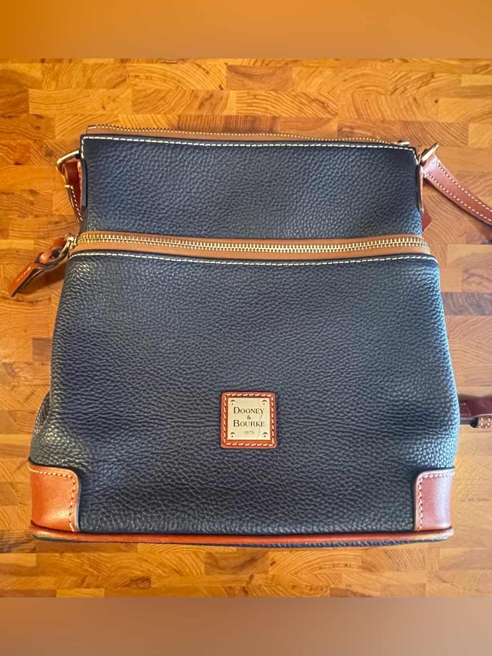 Vintage Dooney & Bourke Navy Dark Blue Pebbled Leather Crossbody with Tan Trim